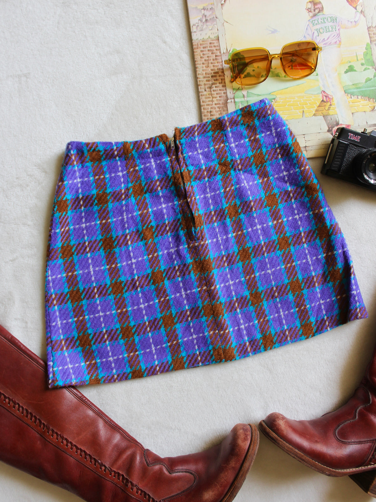 VINTAGE 1970s MINI SKIRT — PURPLE & BROWN COLORWAY