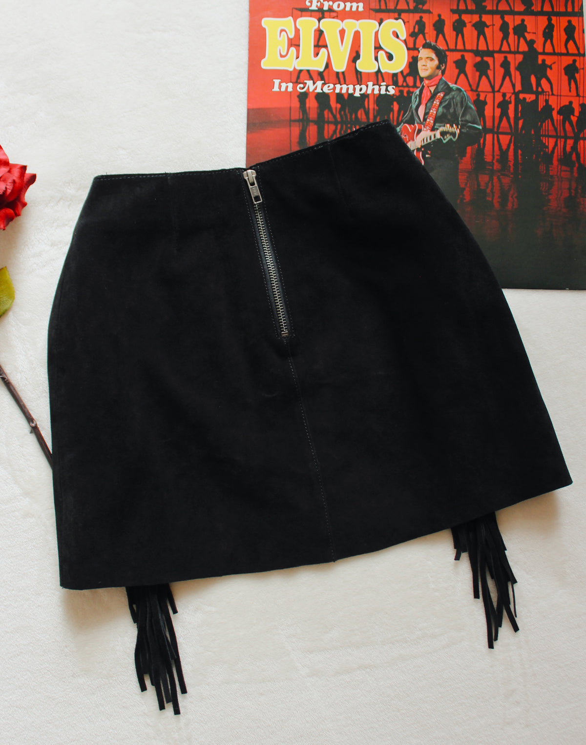 BLACK LEATHER FRINGE MINI SKIRT