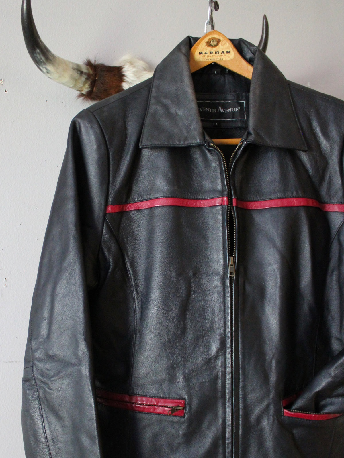 VINTAGE BLACK LEATHER JACKET W/ RED TRIM