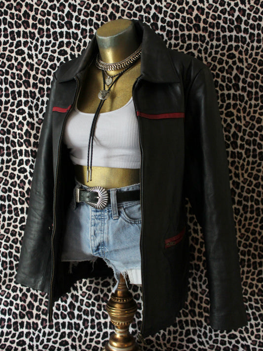 VINTAGE BLACK LEATHER JACKET W/ RED TRIM
