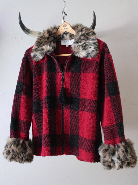 VINTAGE FLANNEL ZIP UP WITH LEOPARD TRIM