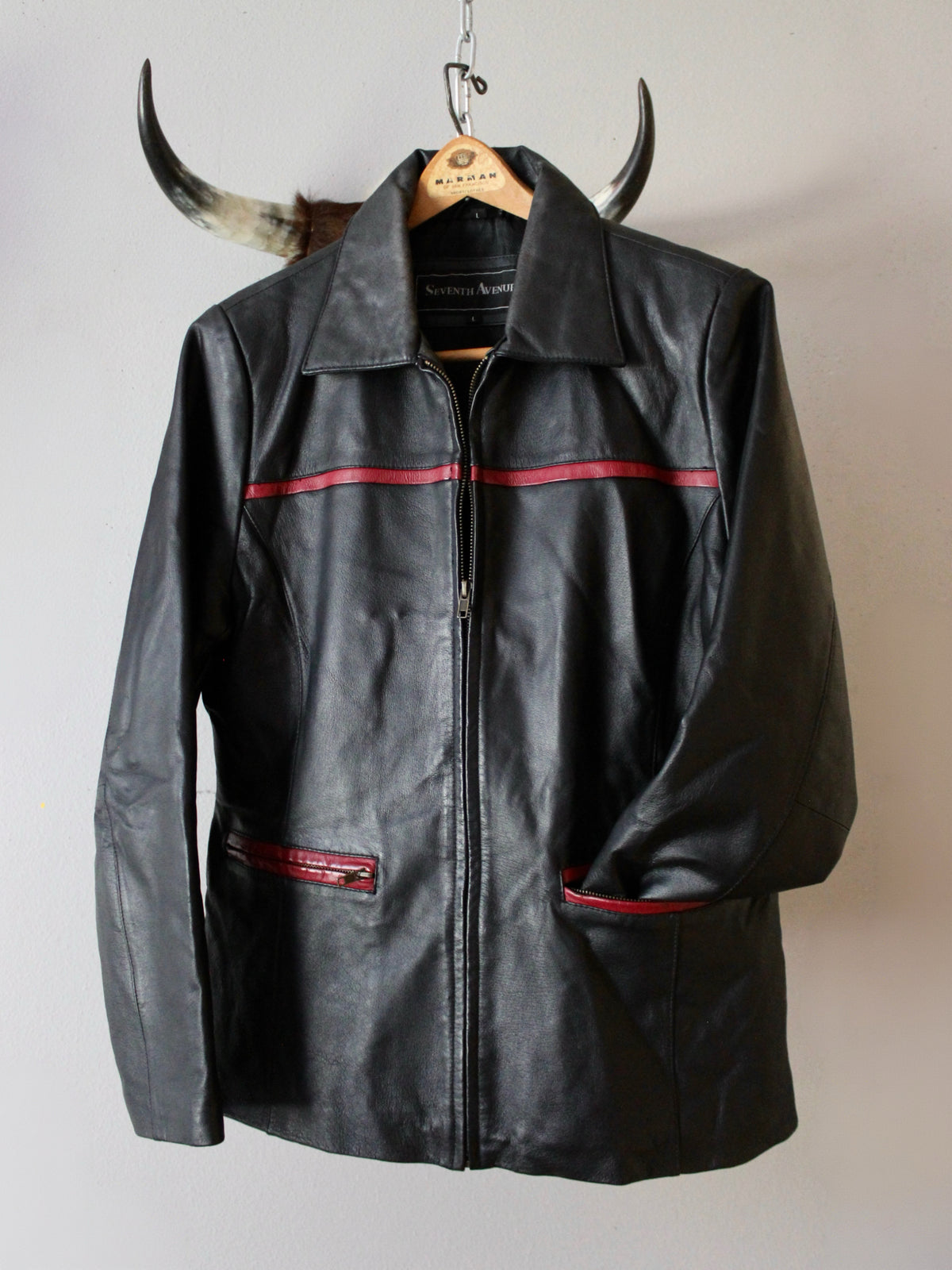 VINTAGE BLACK LEATHER JACKET W/ RED TRIM
