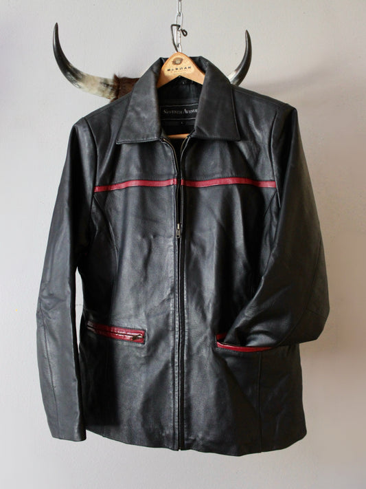 VINTAGE BLACK LEATHER JACKET W/ RED TRIM