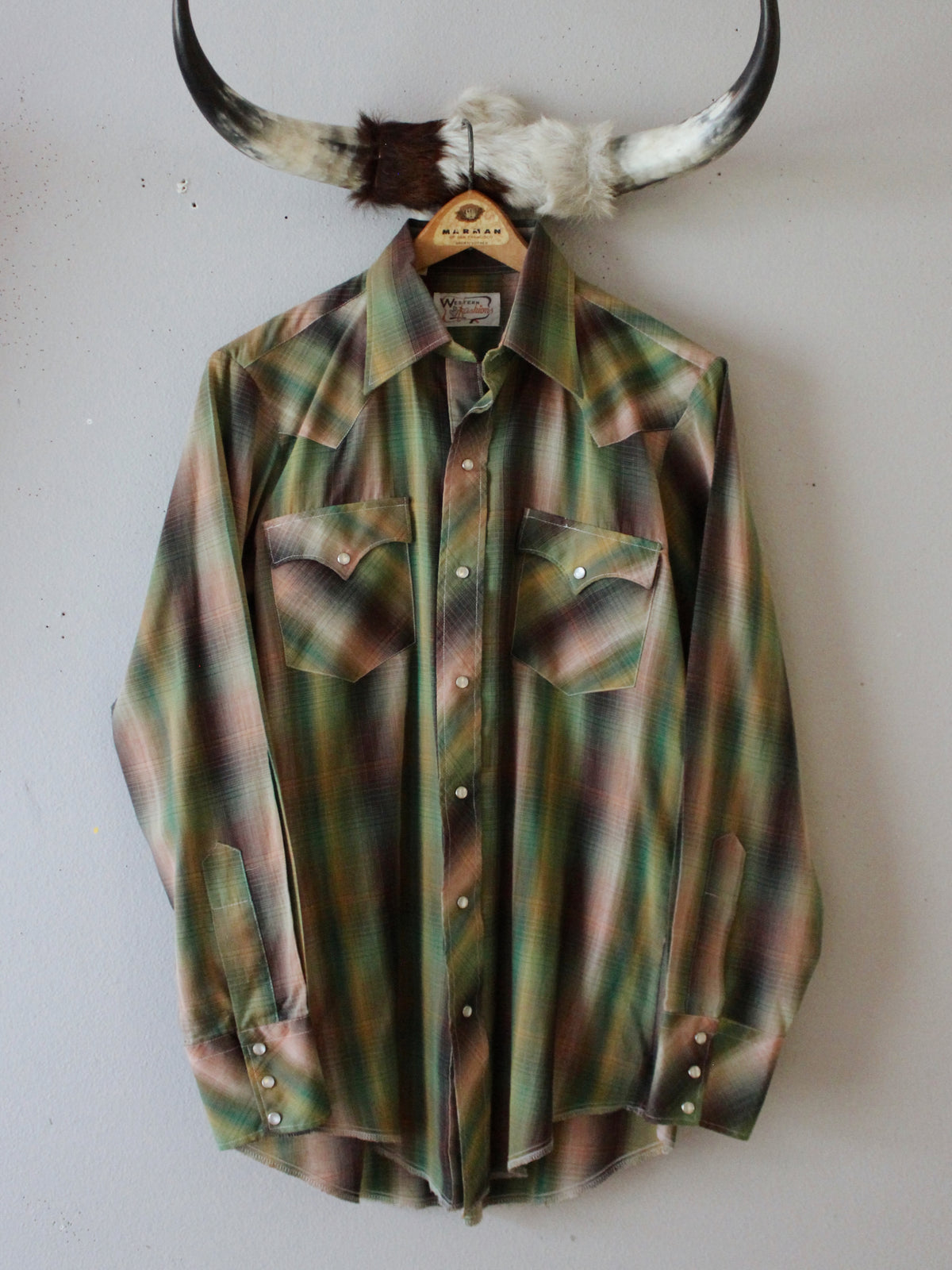 VINTAGE GREEN MULTI PLAID PEARL SNAP BUTTON-UP