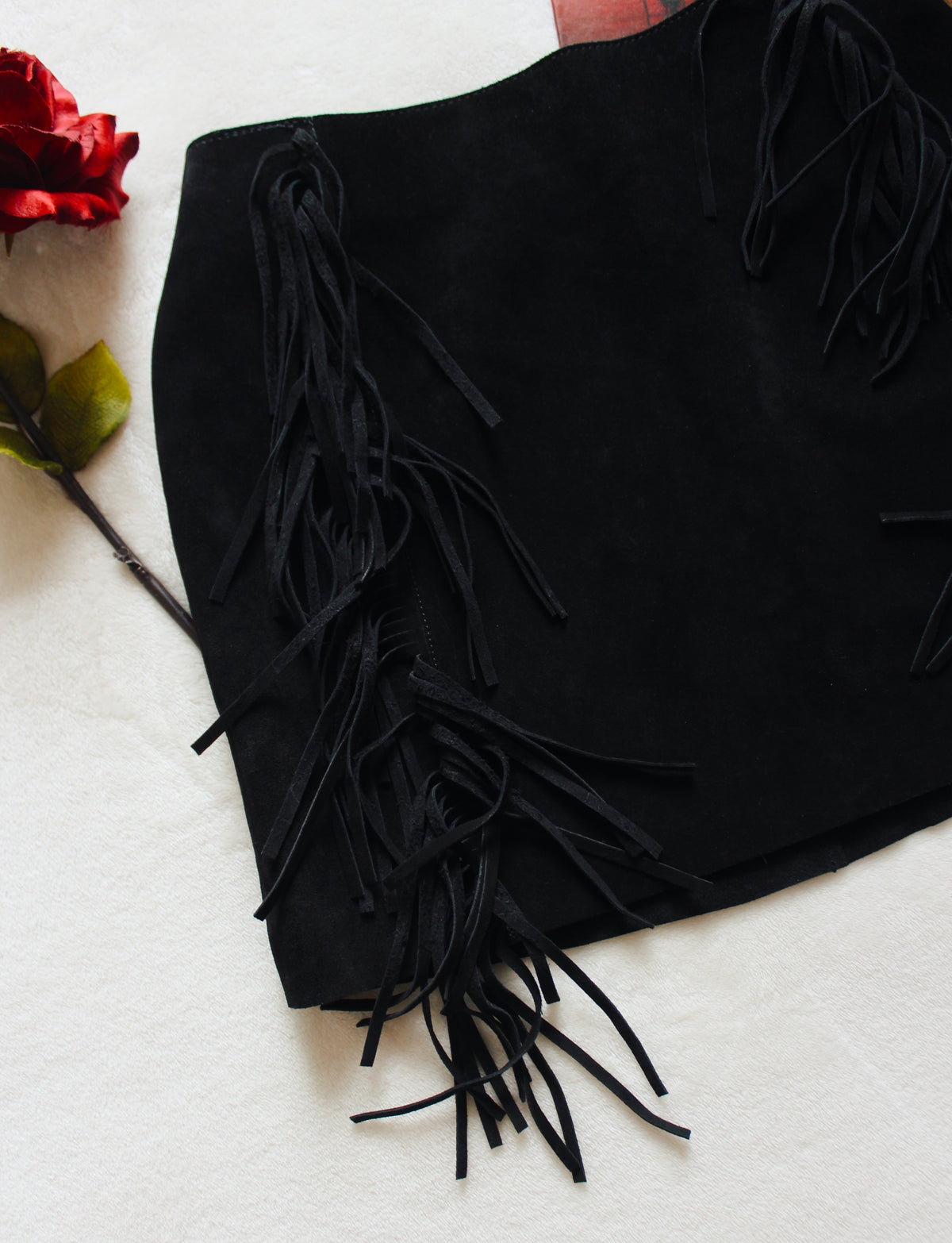 BLACK LEATHER FRINGE MINI SKIRT