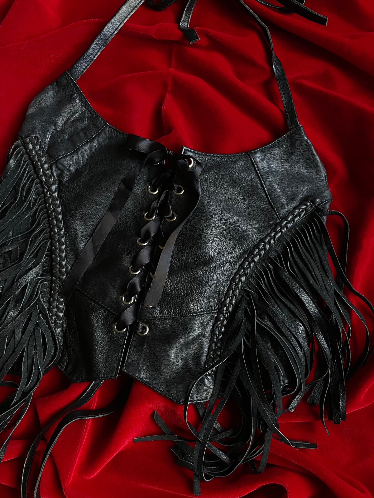 VINTAGE GENUINE LEATHER FRINGE HALTER