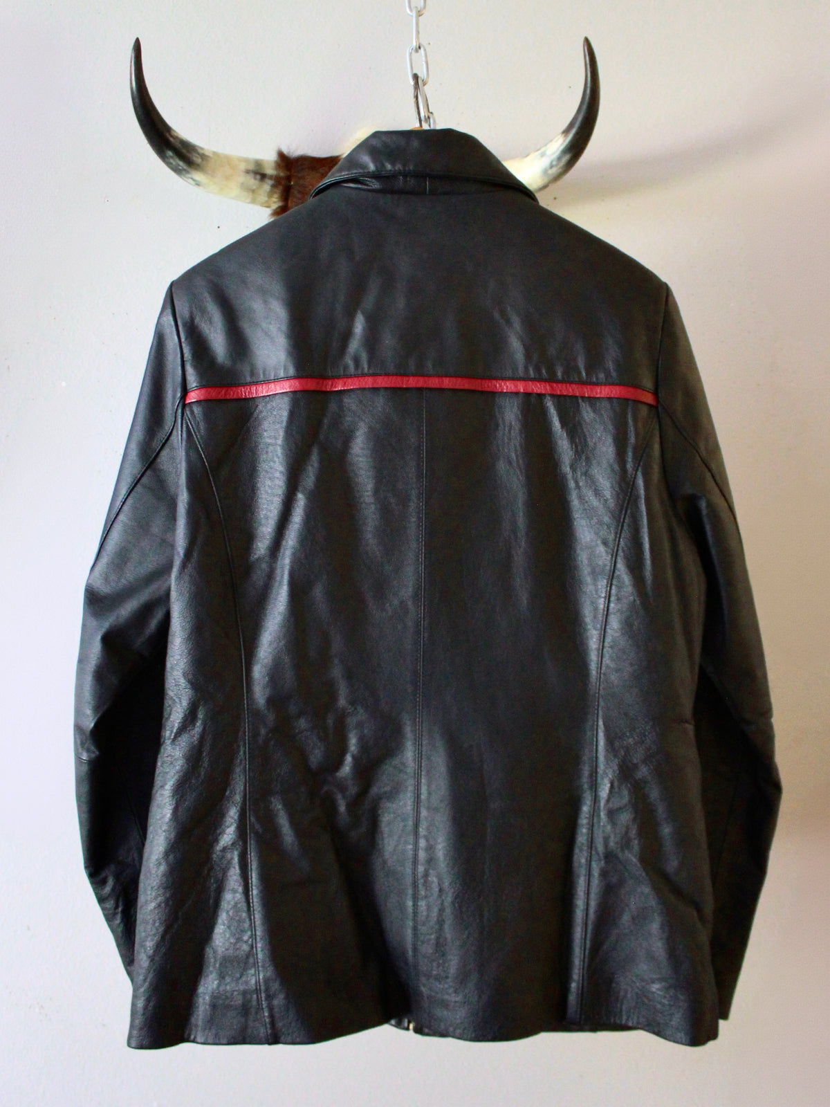 VINTAGE BLACK LEATHER JACKET W/ RED TRIM