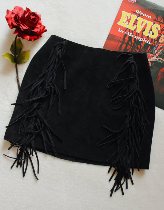 BLACK LEATHER FRINGE MINI SKIRT