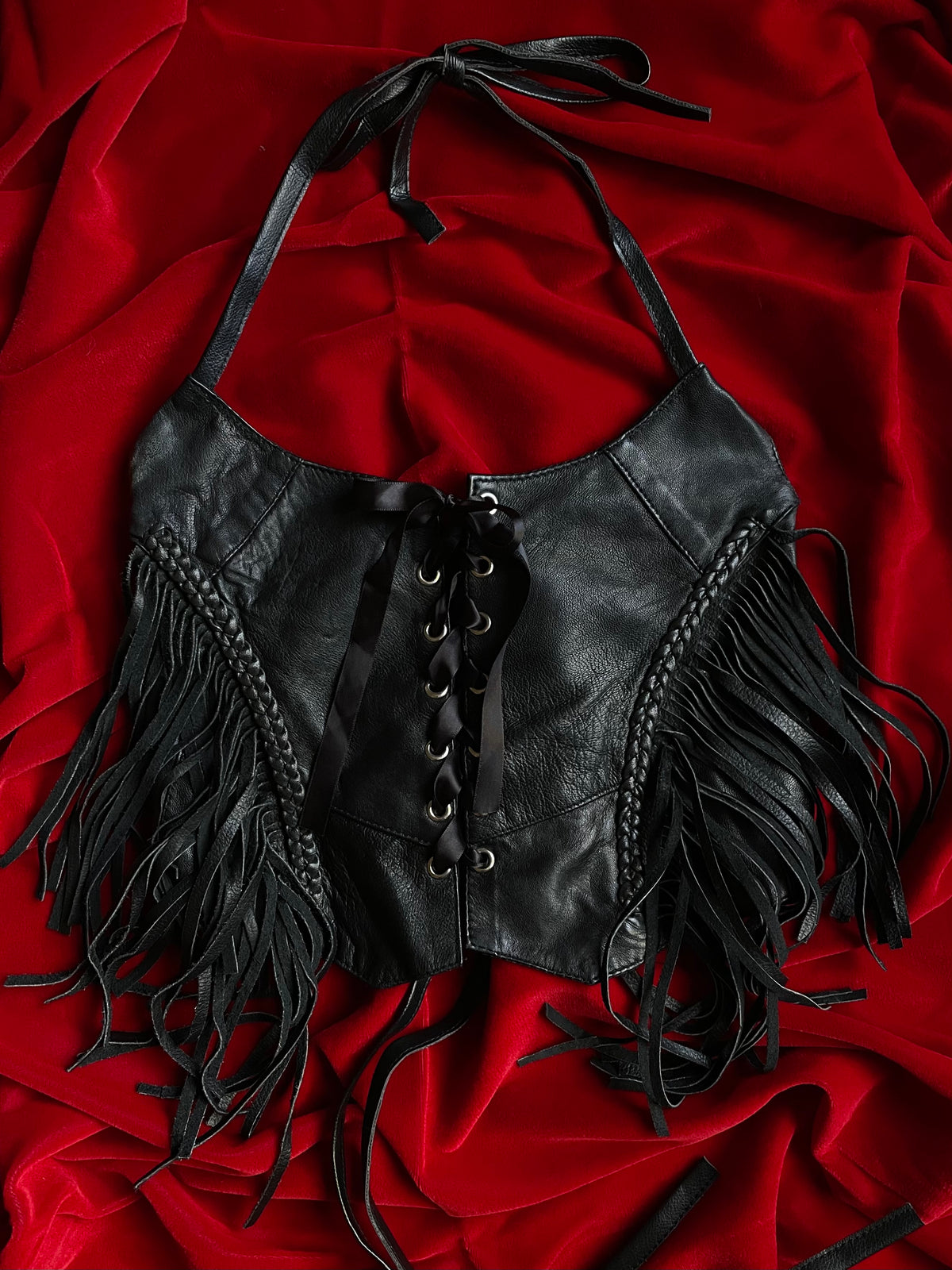 VINTAGE GENUINE LEATHER FRINGE HALTER