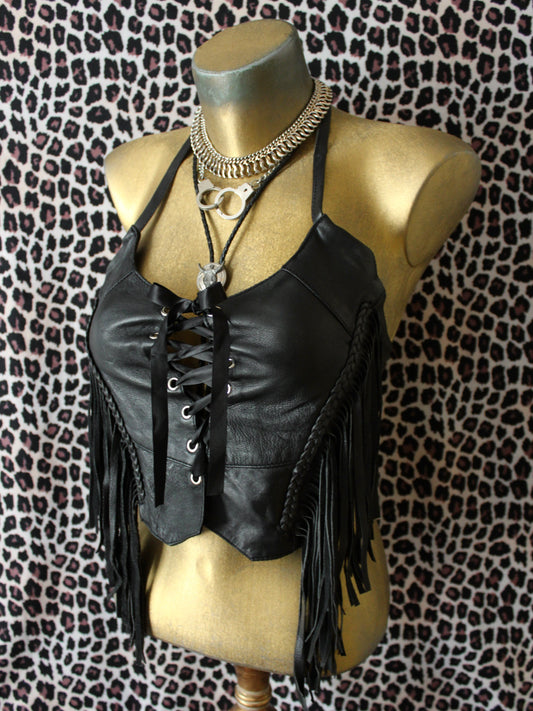 VINTAGE GENUINE LEATHER FRINGE HALTER