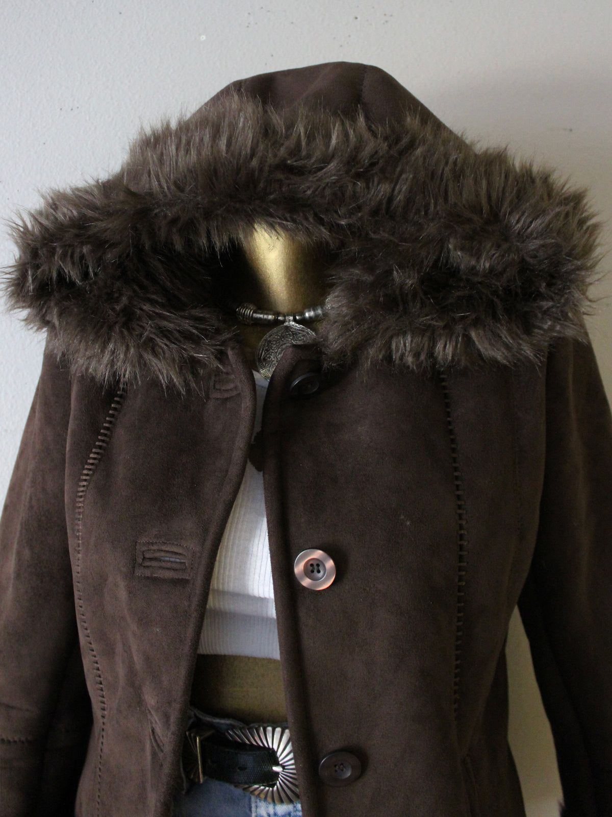 VINTAGE BROWN FUR-TRIM TEDDY COAT