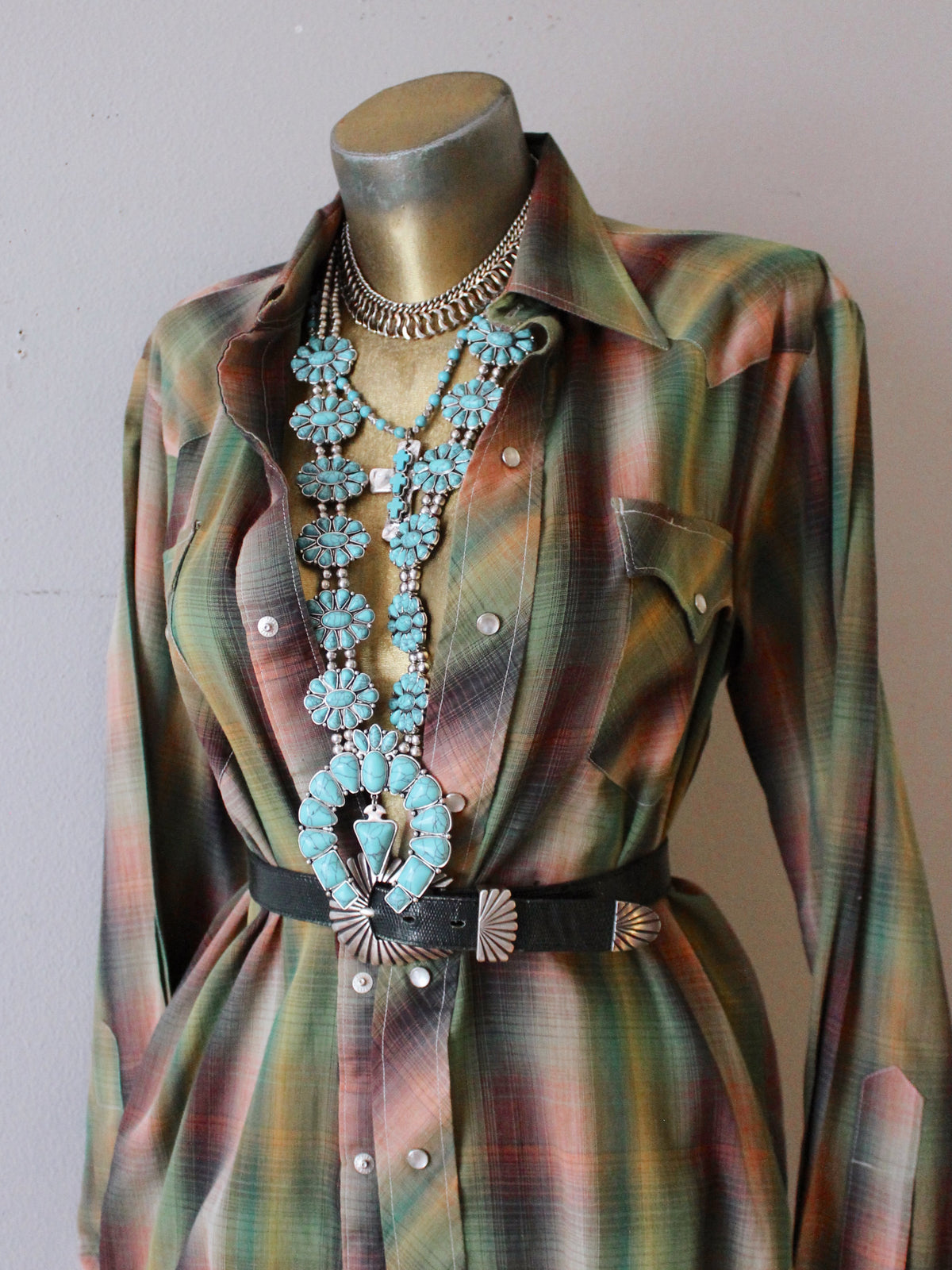 VINTAGE GREEN MULTI PLAID PEARL SNAP BUTTON-UP