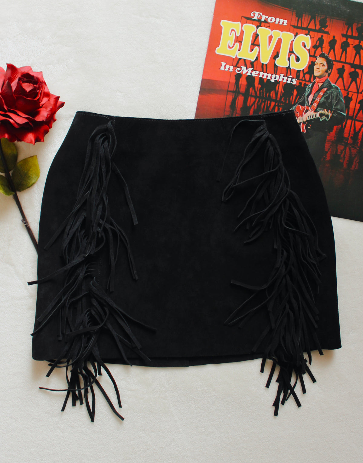 BLACK LEATHER FRINGE MINI SKIRT